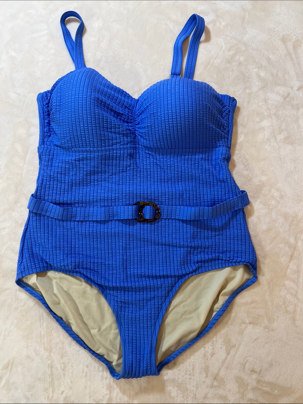Susan Graver Blue One-Piece Textured Swimsuit with Attached Belt. Size 16. NWOT